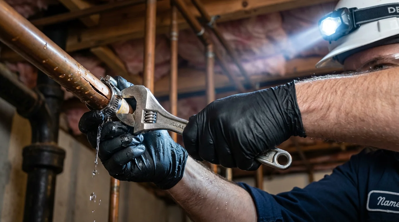 Emergency pipe clamp repair being performed by a Johns Plumbing LLC plumber in Mount Carmel