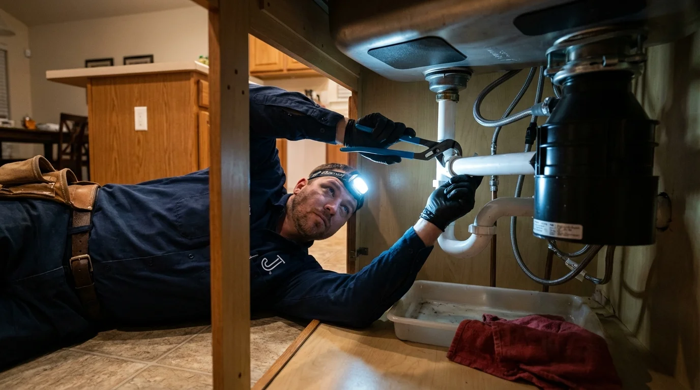 P-trap and supply line connections under a kitchen sink showing a common leak point in Mount Carmel, IL